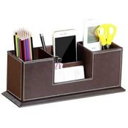 Multifunctional Leather Pen Holder Business Office Stationery Storage Box with 4 Cards/Pen/Pencil/Remote Control/Mobile