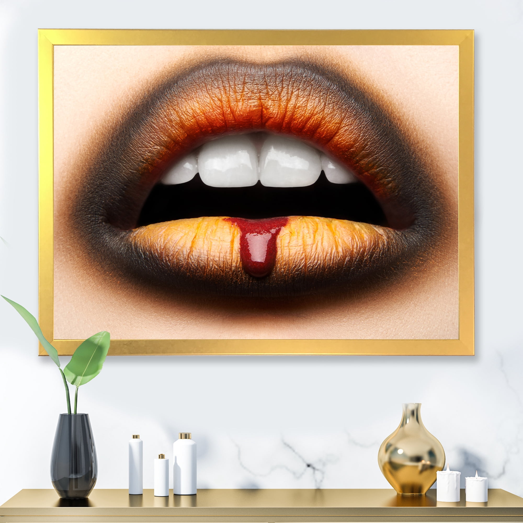 Designart 'Woman Lips With Black & Orange Lipstick' Modern Framed Art Print