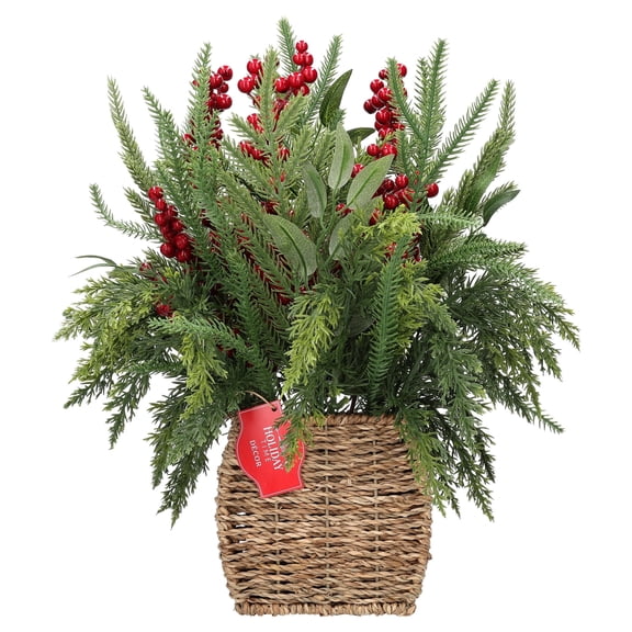 Berry and Greenery Arrangement in Woven Basket Christmas Decoration, Multicolor, 15.5", by Holiday Time