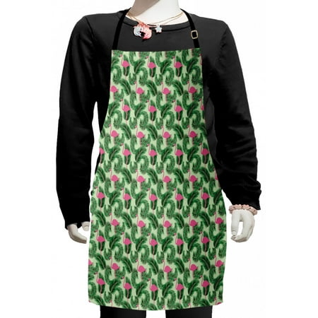 

Flamingo Kids Apron Repetitive Summer Tropical Bird Palm Trees Leaves Illustraiton Boys Girls Apron Bib with Adjustable Ties for Cooking Baking Painting Pink Emerald by Ambesonne