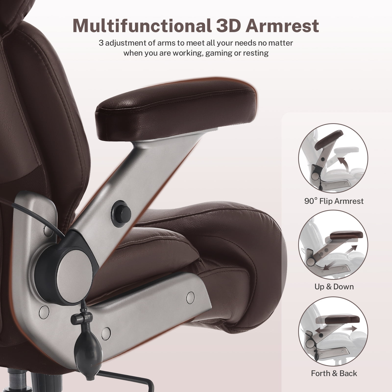 WOSDOM 700lbs Big and Tall Office Chair, Heavy Duty Executive Chair, Extra Wide Seat, Adjustable Headrest and Lumbar Support, 3D Flip up Arms, Brown