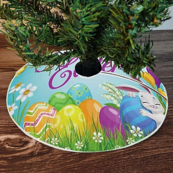Easter Tree Skirt Easter Bunny Eggs Xmas Tree Skirts Mat for Holiday Party Indoor Outdoor Home Office Decoration, 35.43 Inch