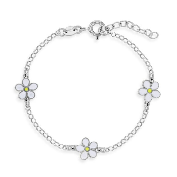 925 Sterling Silver 5.5" Bracelet en Émail Blanc Fleur de Marguerite Chaîne pour les Filles