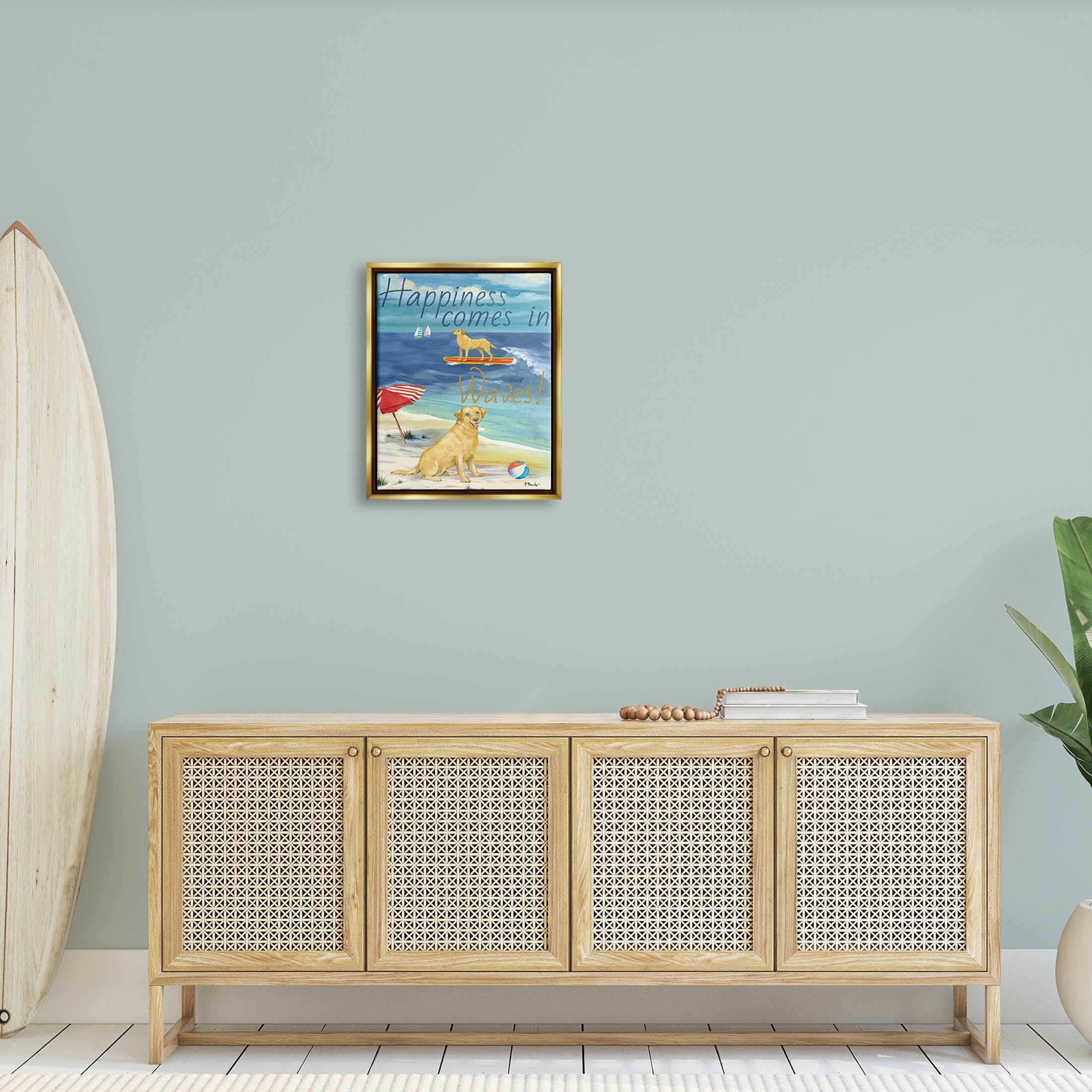 Stupell Industries Surf Pup Happiness in Waves Graphic Art Metallic Gold Floating Framed Canvas Print Wall Art, Design by Paul Brent