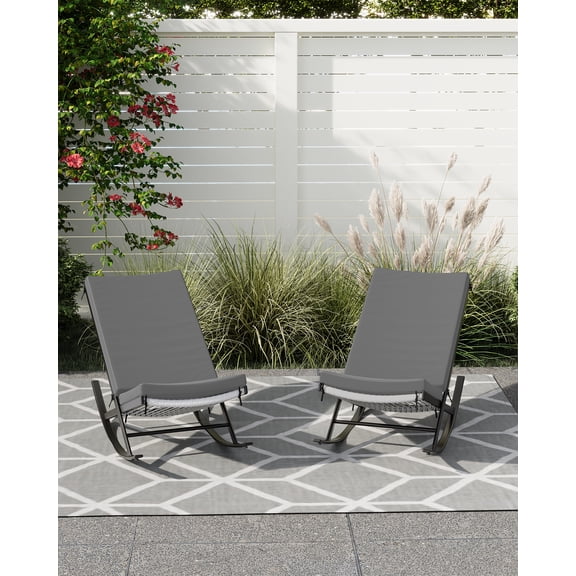 Set of 2 Modern Outdoor Rocking Lounge Chairs – Adjustable Reclining Rattan Rockers with Removable Cushions – Padded Comfort for Patio, Lawn, or Porch – Dark Grey Frame Grey Rattan Grey Cushion