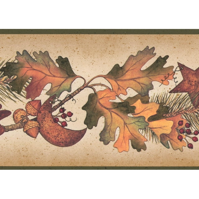 Feuilles d'Automne Aiguilles de Pin sur Branches Cornes de Pin Automne Papier Peint Bord Design Rétro, Rouleau 15' x 5'''