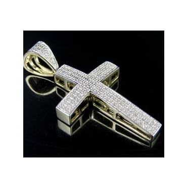 Men's 10K Yellow Gold Real Diamond Dome Cross Pendant 0.3CT 1.5"
