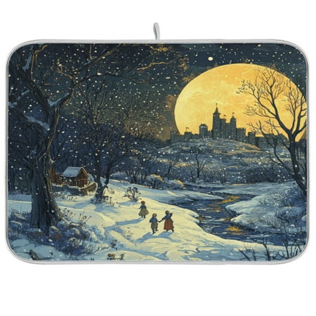 

WOBOGO Winter Village Scenery Kitchen Drying Mat Heat Resistant Drainage with Non-Slip Rubber Backing Hides Stains Super Absorbent Easy to Clean 16×18in