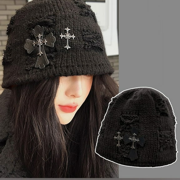 Winter Ripped Beanies for Men Retro Cross Pattern Skull Cap Unisex Hip Hop Knitted Hat Outdoor Womens Warm Skiing Hat