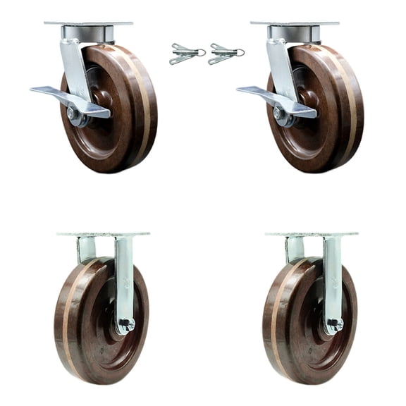 8 Inch Kingpinless High Temp Phenolic Wheel Caster Set 2 Swivel Locks 2 Rigid