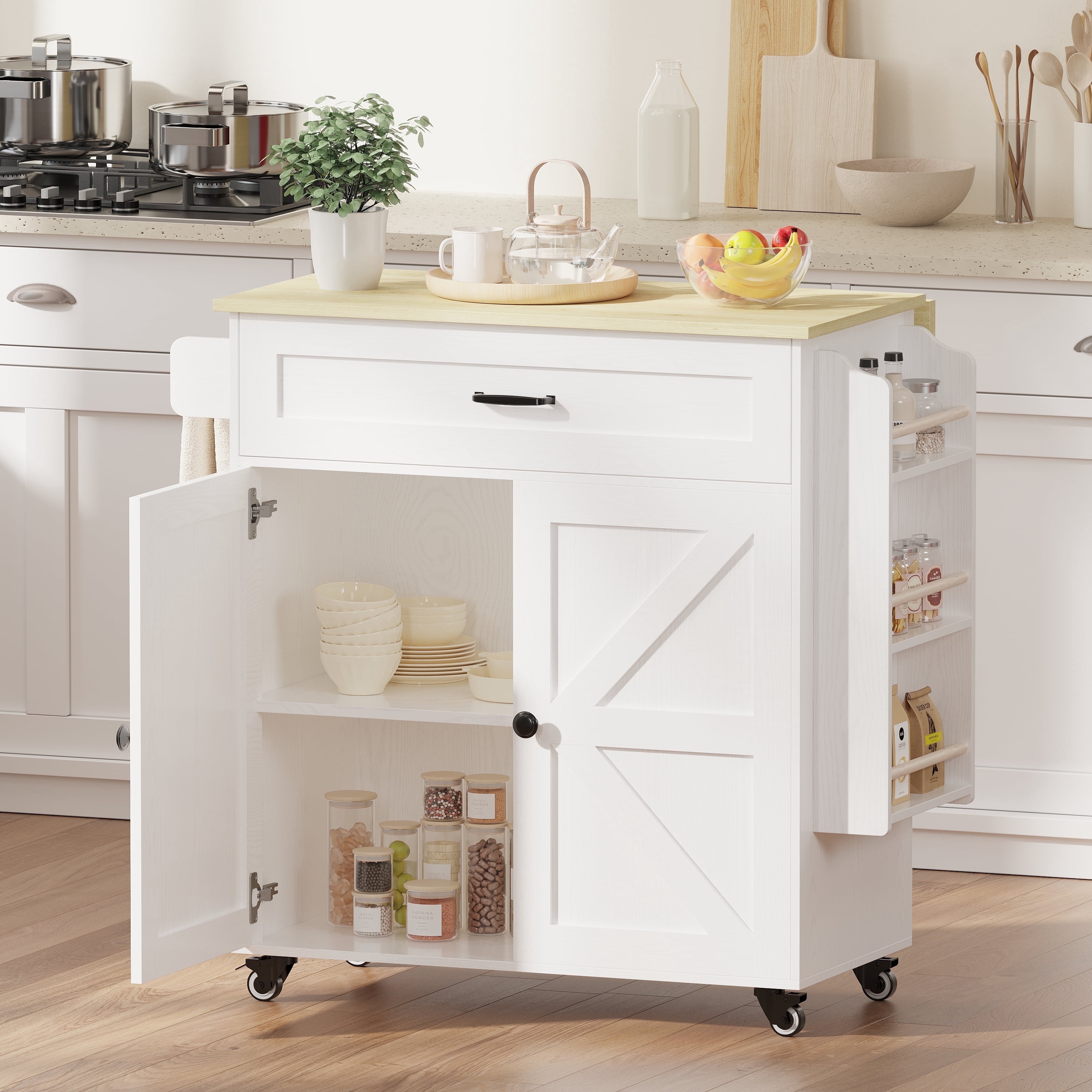 IRONCK 31.5" Rolling Kitchen Island Cart with Drop Leaf, Drawer, Adjustable Storage Cabinet, Spice Rack and Towel Holder