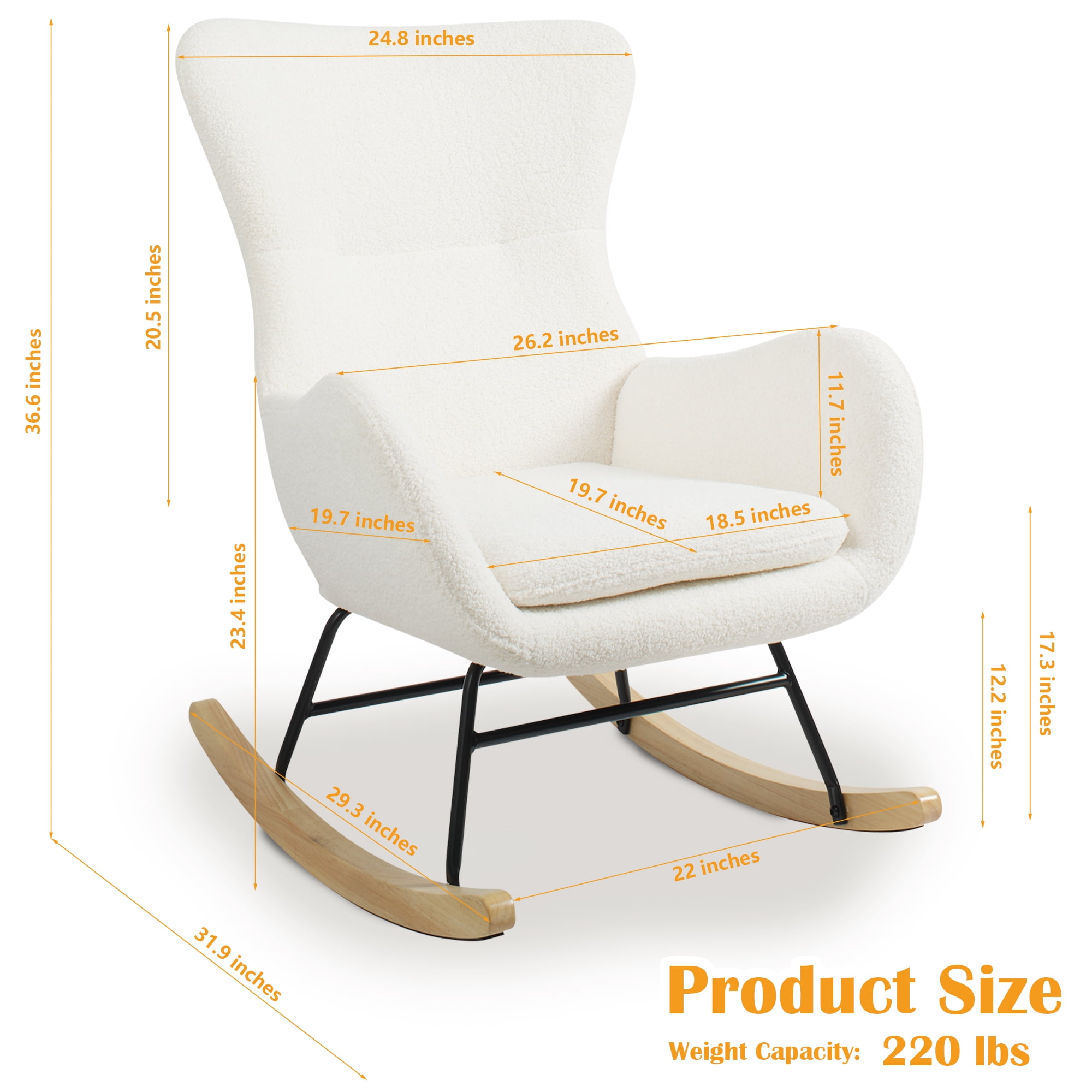 Prilinex Modern Rocking Chair, Nursery Rocking Chair High Wingback Arm Chair with Upholstered for Living Room, Teddy Fabric, Ivory White