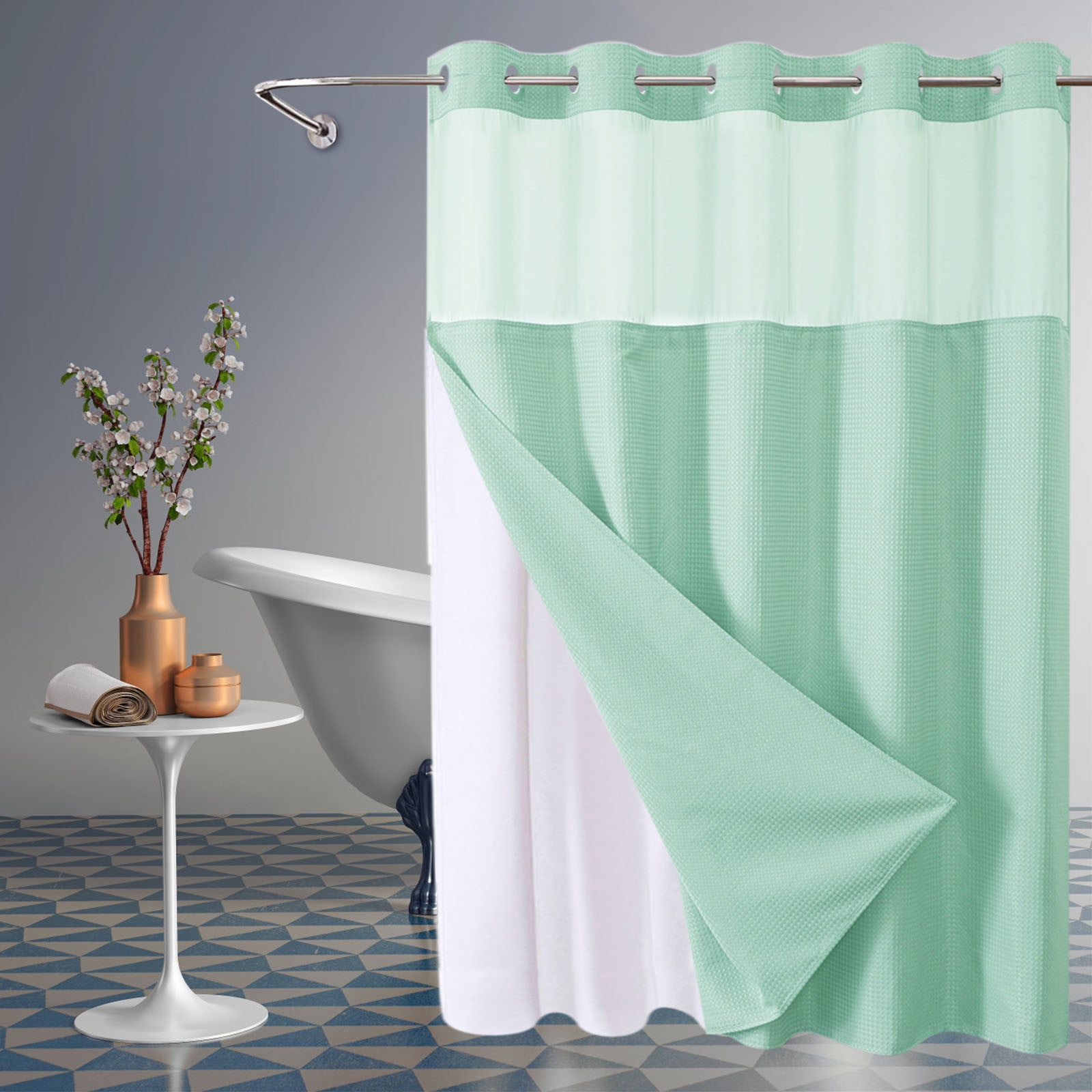 Waffle Weave Heavy Duty Shower Curtains, No Hook Shower Curtain with Snap in Fabric Liner, Hotel Style Waterproof Bathroom Curtain Set, 72 x 64 Inch