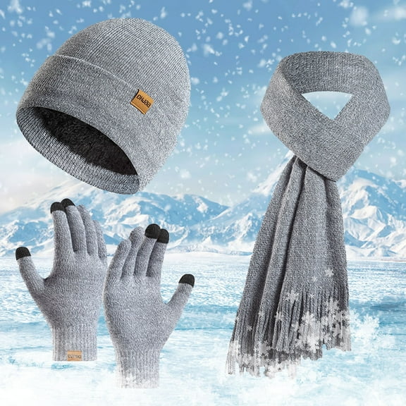IDALL Hats for Women,Scarf for Women Women's New Winter Thickened Warm Hat Scarf Glove Knitted Three Piece Set Snow Gloves,Winter Beanie Hat Scarf Gloves Grey