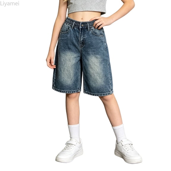 Liyamei Girls Denim Shorts with Mid Waist for Summer Daily Size 6-16,Blue