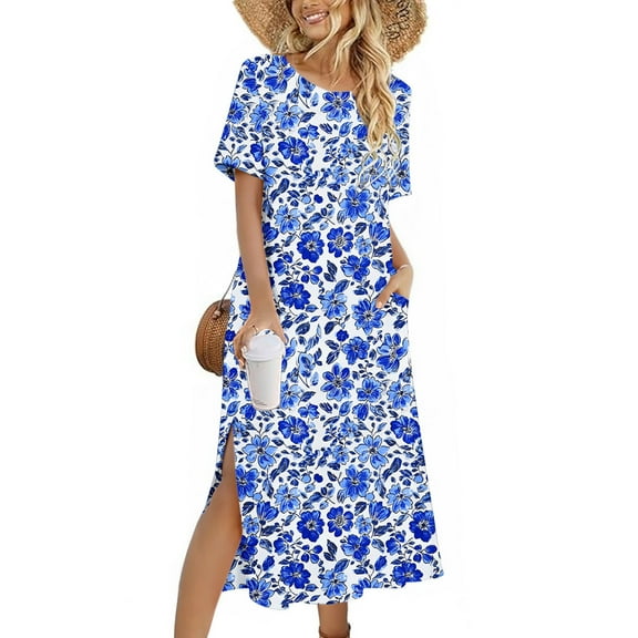 fanshangmao Summer Long Dresses for Women Summer Floral Print Vacation Dress Crew Neck Casual Short Sleeve Dress with Pockets Split Dresses s