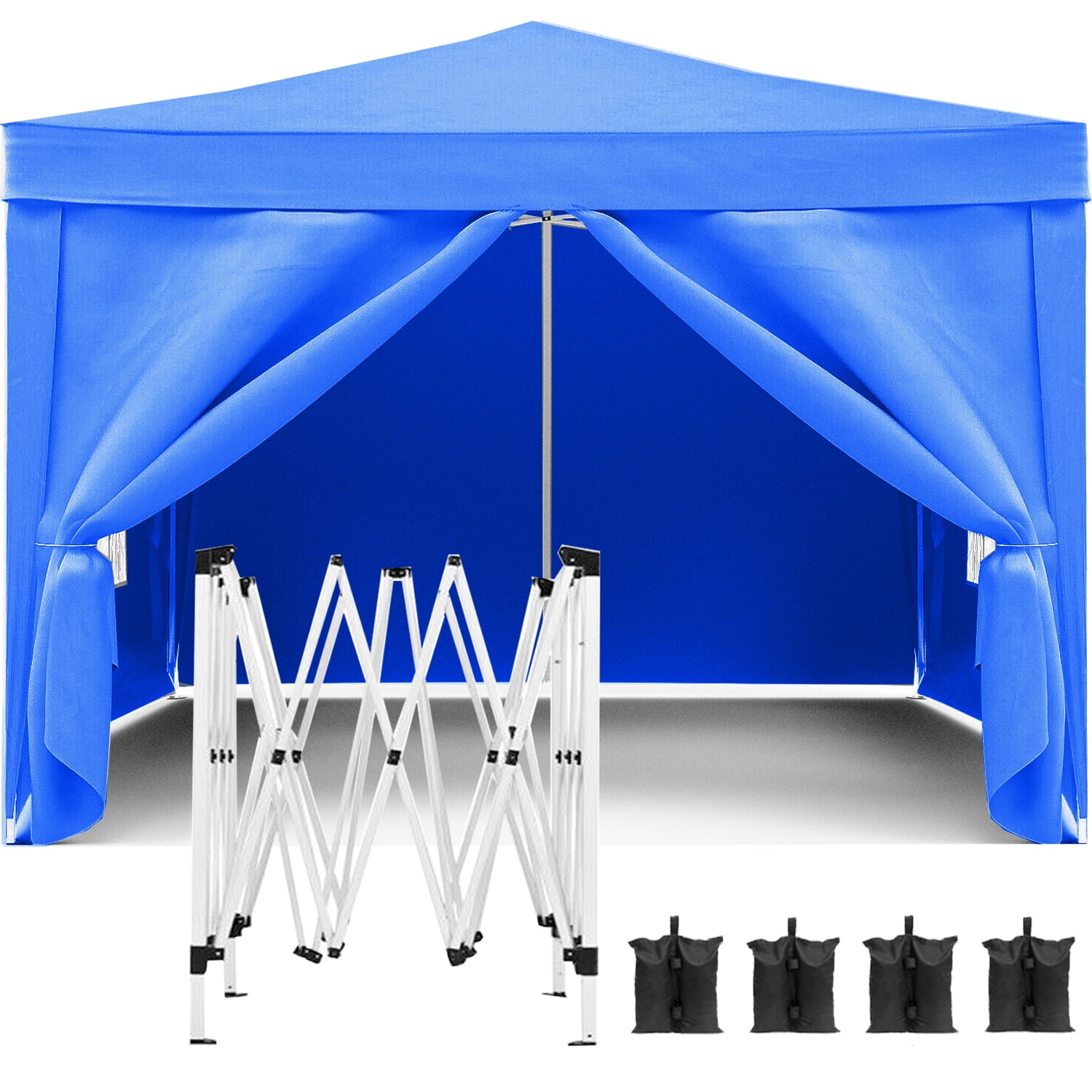 Pop Up Canopy Tent 10x10, Outdoor Gazebo with 4 Removable Sidewalls, Portable Instant Canopy with 4 Sand Bags for Party, Camping, Market, Tailgate, Blue