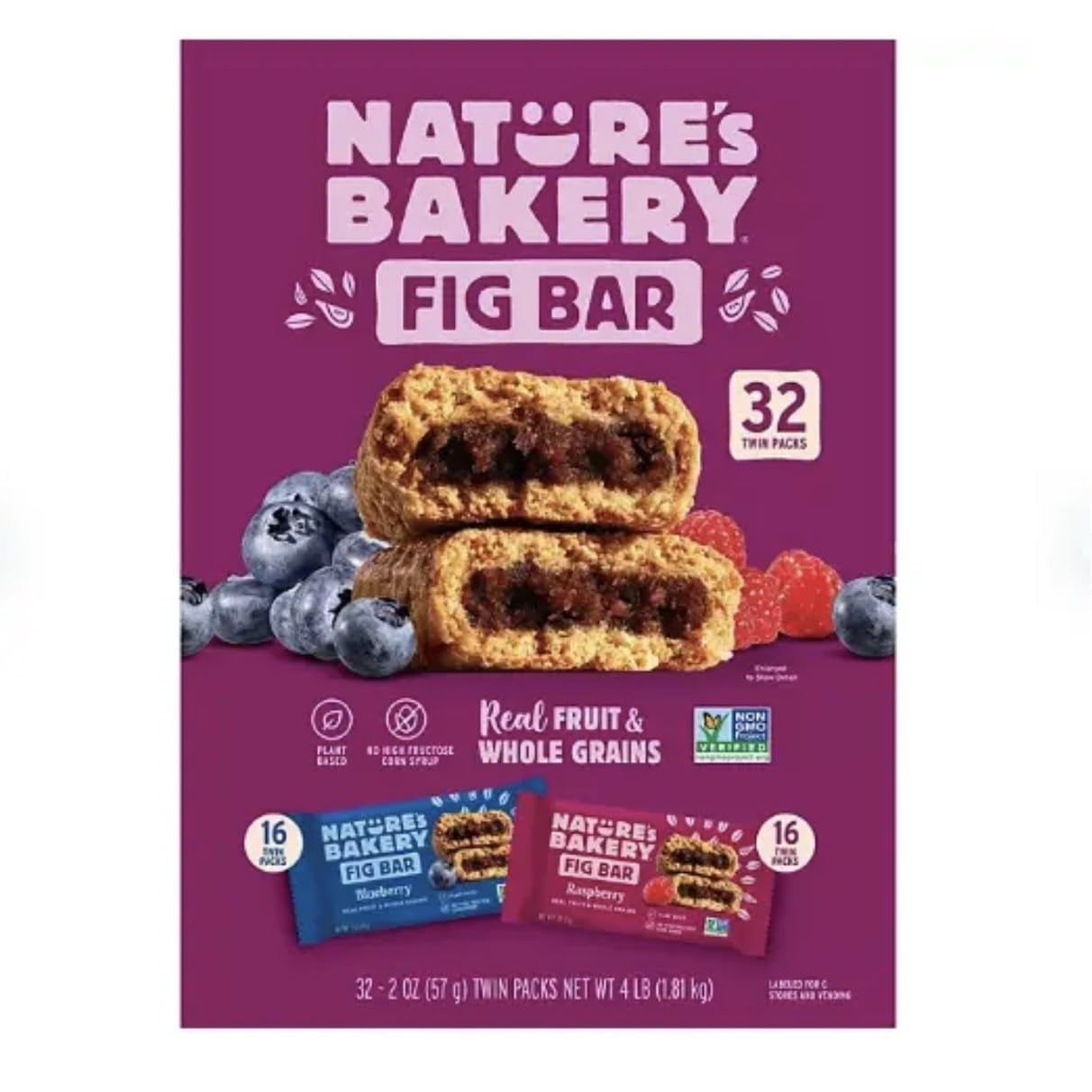 Nature Bakery Blueberry and Raspberry Fig Bars, 2 oz, 32 Count Variety Pack