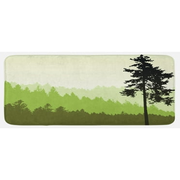 Nature Kitchen Mat, Nature Theme Pine Tree Silhouette on an Abstract Style Background, Plush Decorative Kitchen Mat with Non Slip Backing, 47" X 19", Lime Green Army Green, by Ambesonne