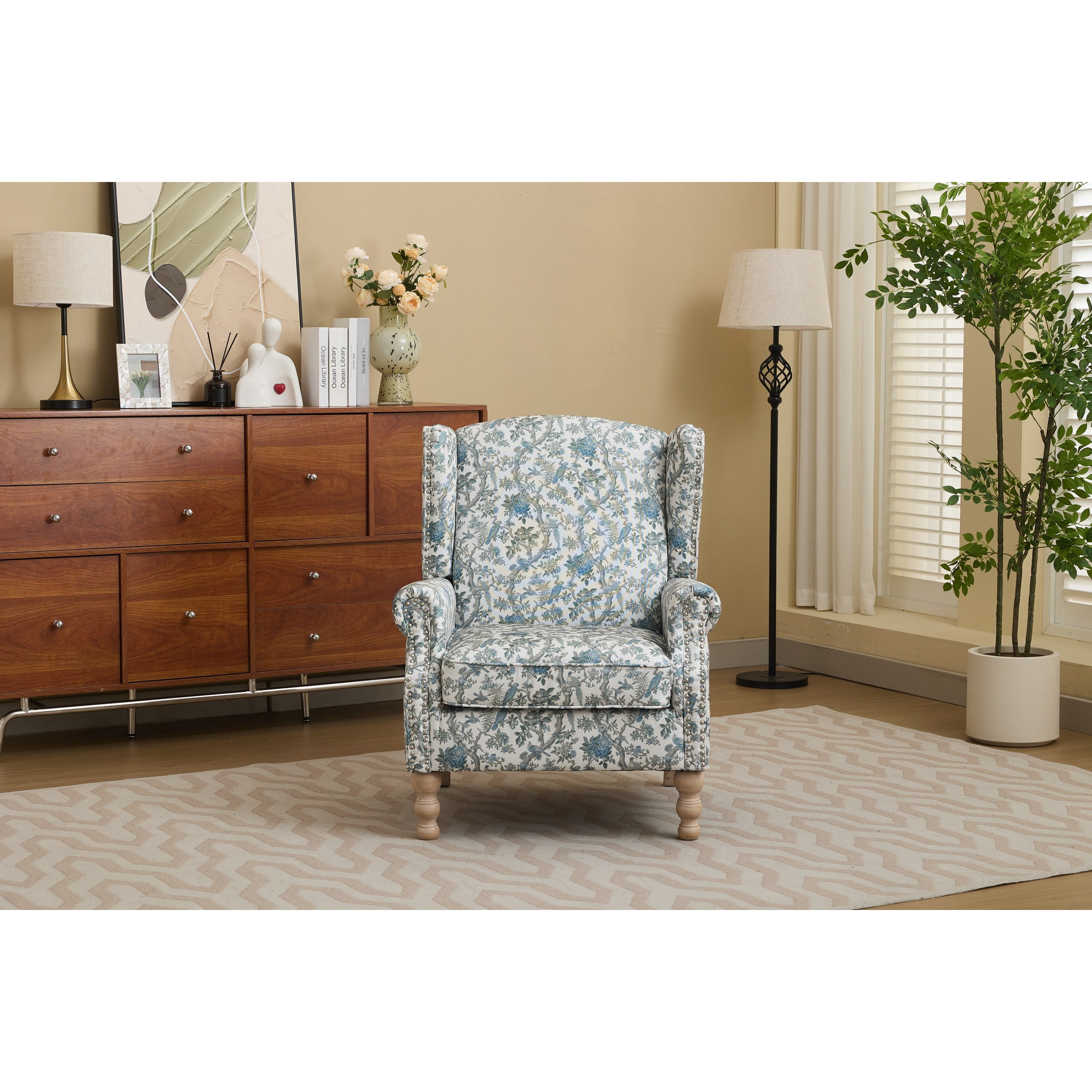 Modern Accent Chair with Retro Wood Legs, Comfy Upholstered Armchair, Floral Design Single Sofa Chair for Living Room Bedroom Office