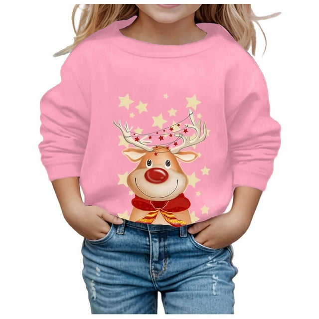 SNPOSN Chandails en Molleton pour Filles Tendance Mode de Noël Imprimé Mignon Col Rond Sans Capuche Manches Longues Chandail en Molleton Bleu 4-5 Ans