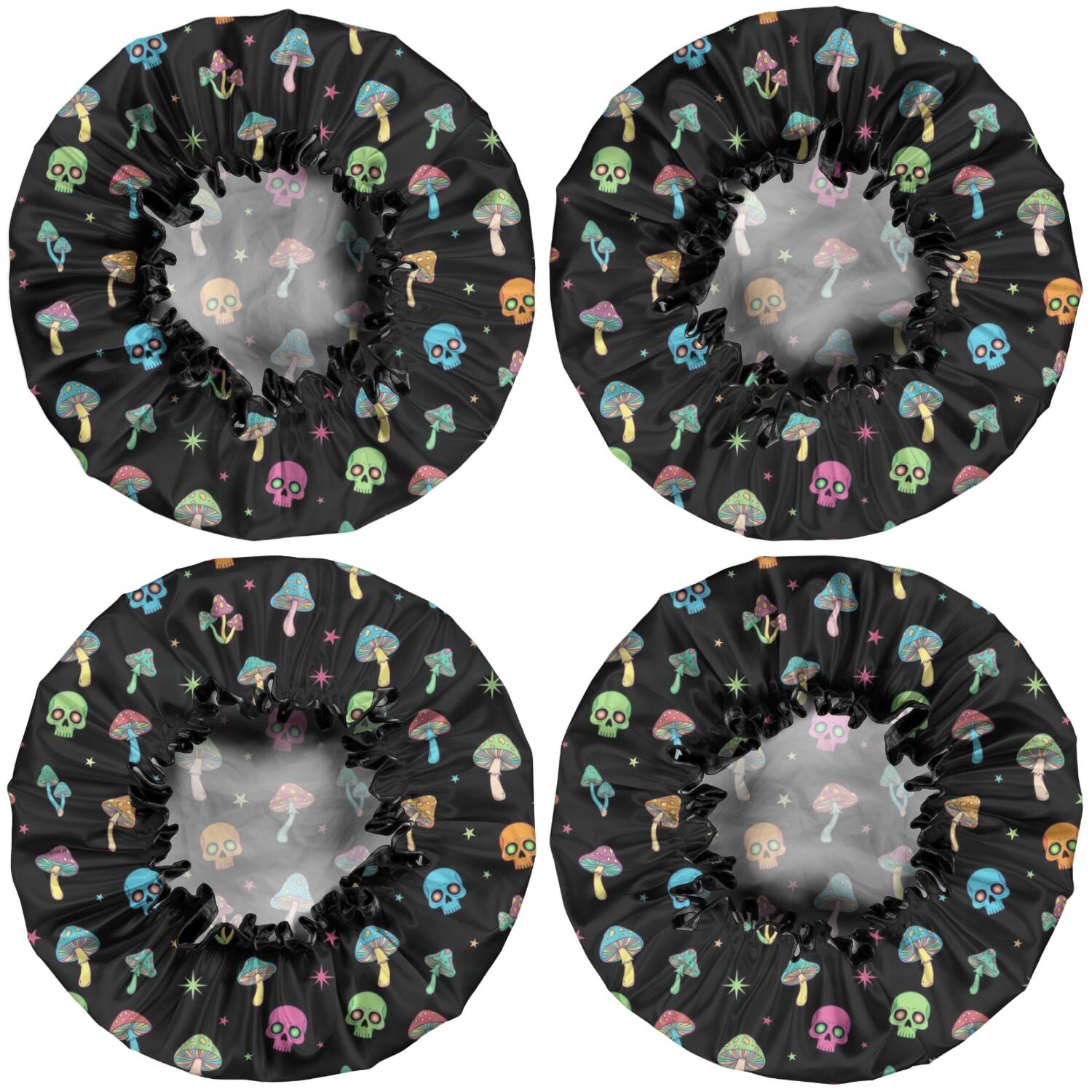 Shower Caps,Black Colorful Skull Mushroom Pattern Waterproof Shower Cap for Women 4 Pieces,Double Reusable Hair Cover for Shower PEVA Elastic Stretch Hem
