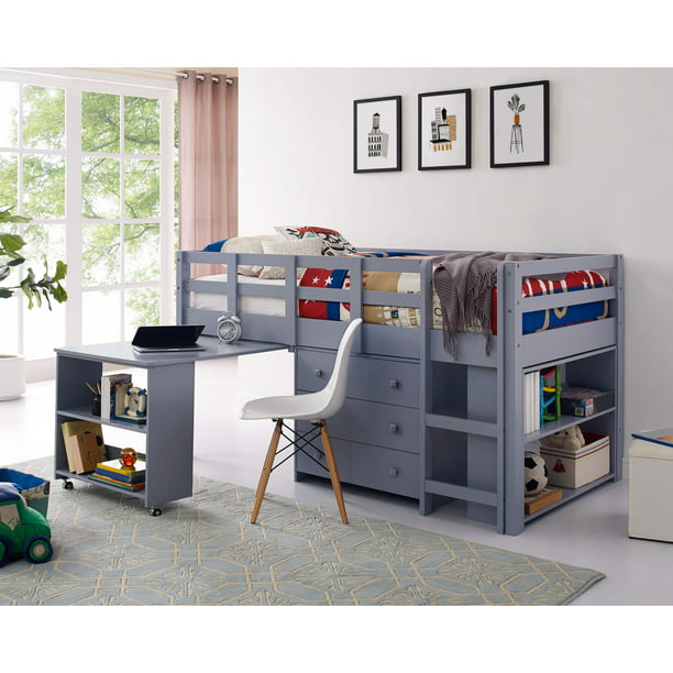 Desk Kids Twin Bed Wooden Loft, Twin Loft Bed With Desk And Bookcase
