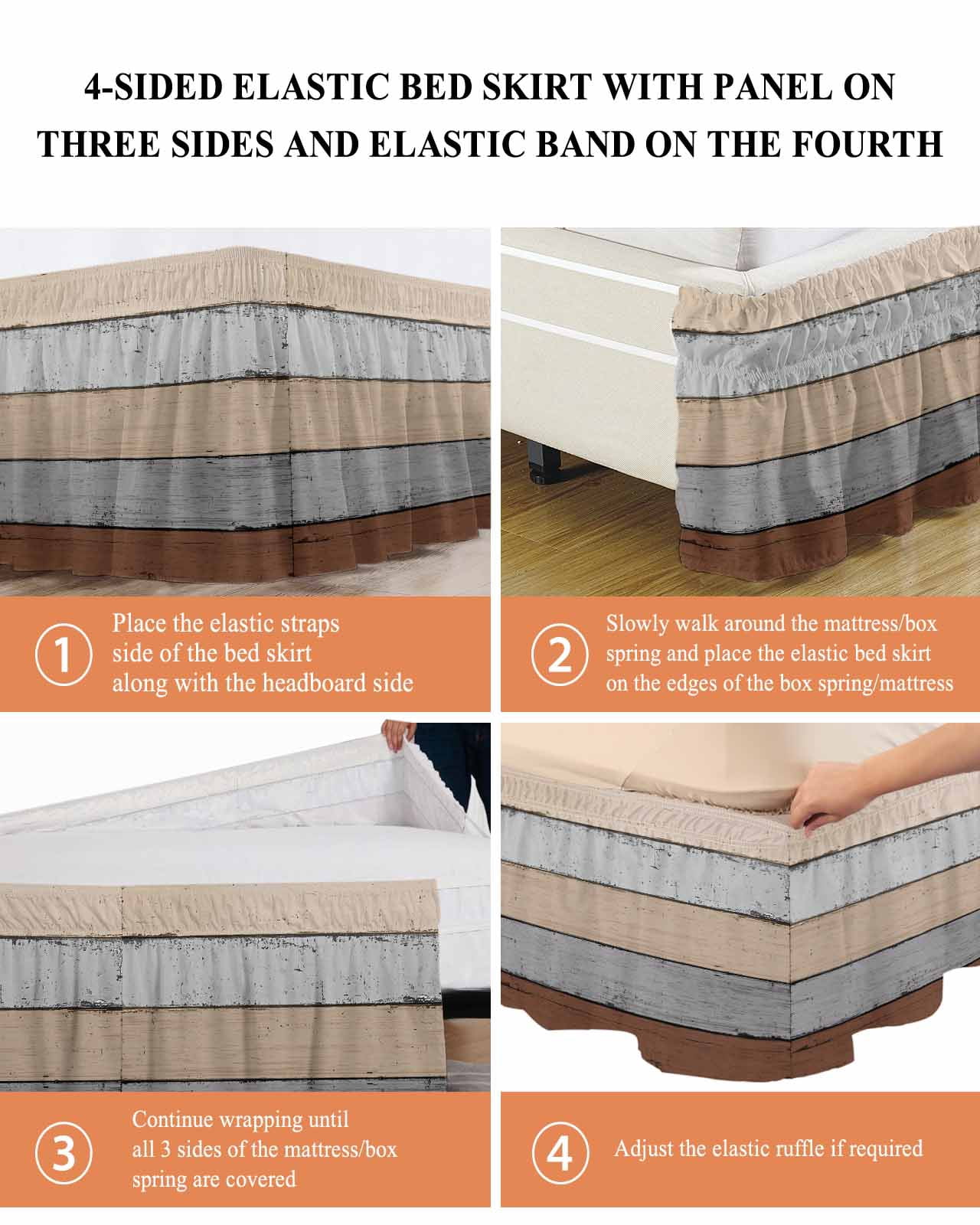 Brown Gray Wood Grain Ruffle Bed Skirt California King Size Countryside Stripe Adjustable Elastic Dust Bed Skirts Wrap Around Bedskirt Wrinkle Free Easy Fit with 18 Inch Drop