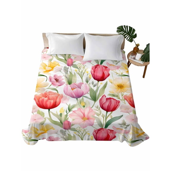Queen Size Flat Sheet Only, Spring Tulip Soft Brushed Microfiber Bed Sheets, Summer Floral Botanical Elegant Hotel Quality Breathable Bedding Top Sheet, Easy Care, 90"x102"