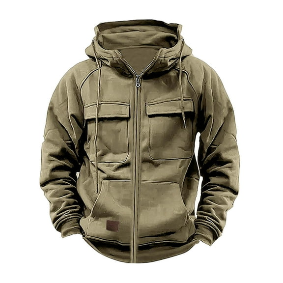Vivianyo HD Tactical Hoodies for Men Zip Cargo Pullover Hoodies Workout Gym Sweatshirt Outdoor Military Hoodies Pockets Khaki