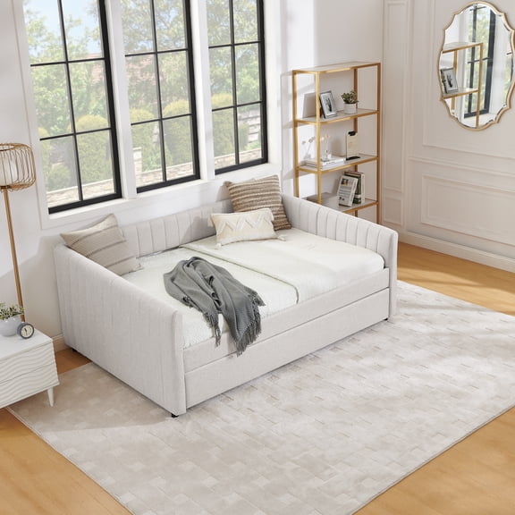 Oufan Full Size Daybed with Trundle Bed, Linen Sofa Bed Frame with Upholstered & Wood Strong Supports for Living Room, Guest Room, Space Saving
