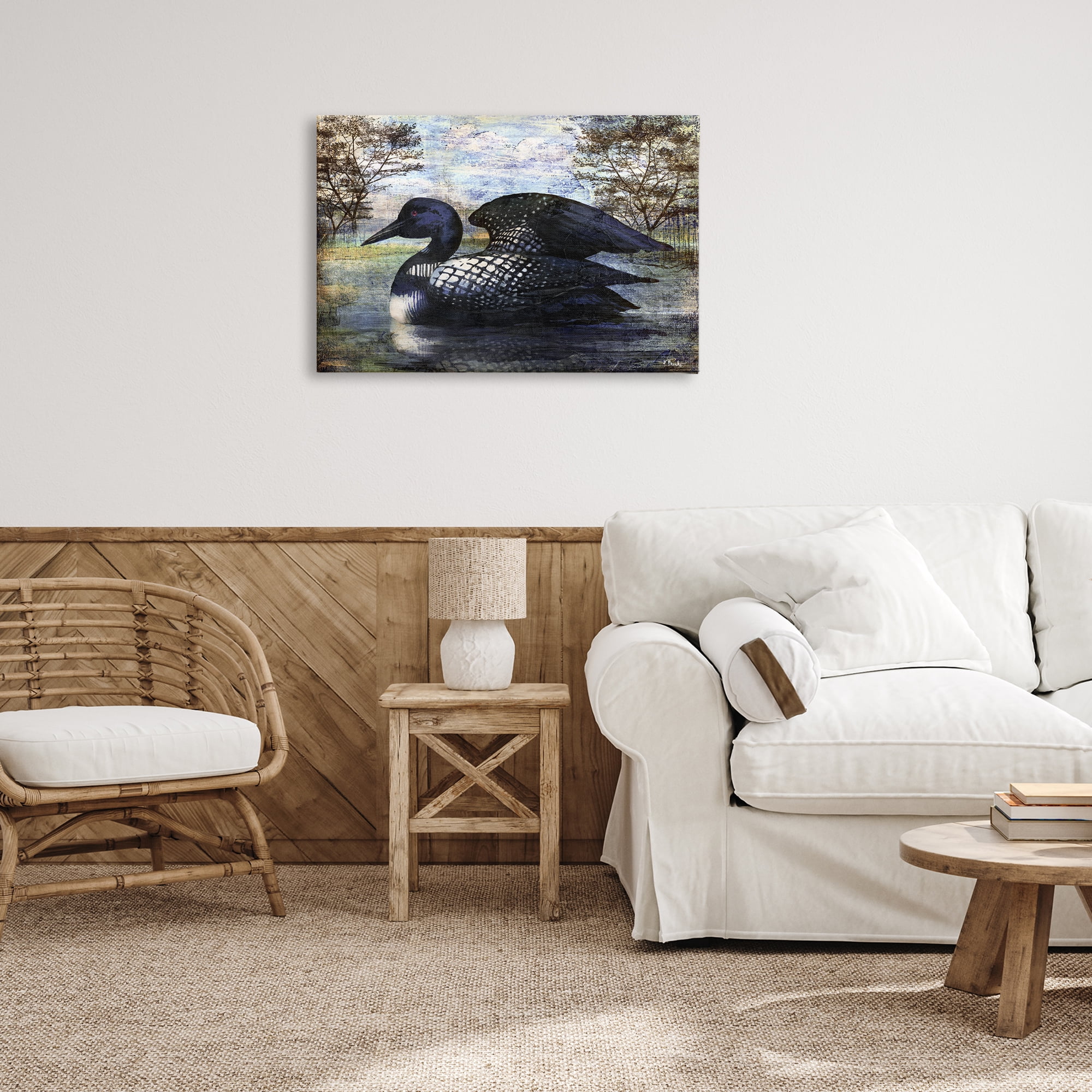 Stupell Industries Loon in Rustic Pond Animals Painting Wrapped Canvas Art Print Wall Art, 30 x 20