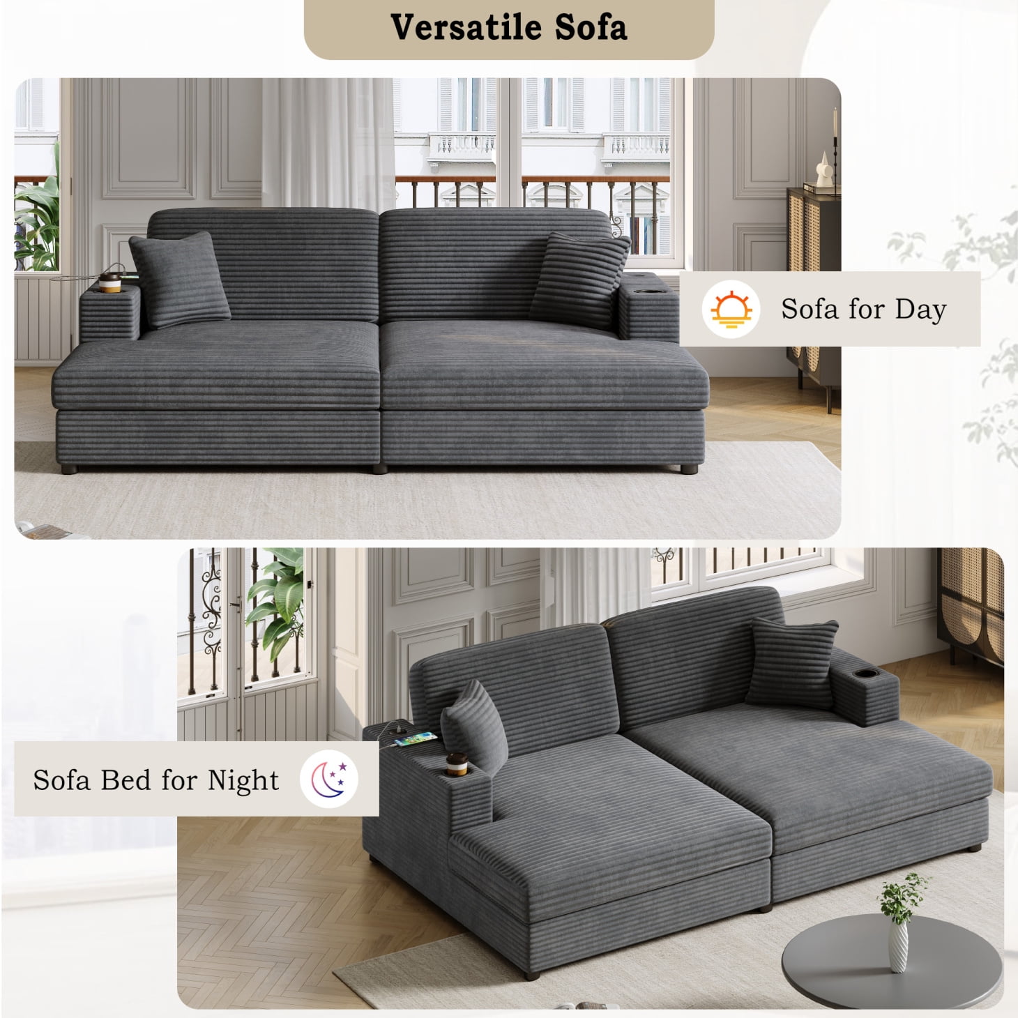 86.5" Oversized Double Lounge Chaise, Upholstered Corduroy Loveseat with 2 Cup Holders and 2 USB Ports, Modern Deep Seat Cloud Couch with Throw Pillows for Living Room, Dark Gray