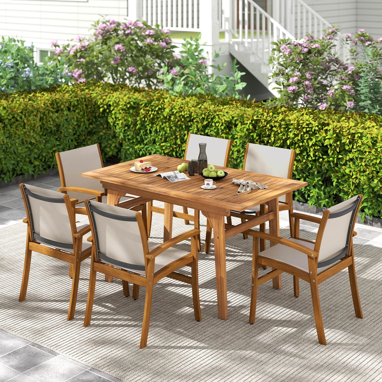 Costway 4 PCS Outdoor Dining Chairs Acacia Wood Patio Chairs with Breathable Fabric Seat