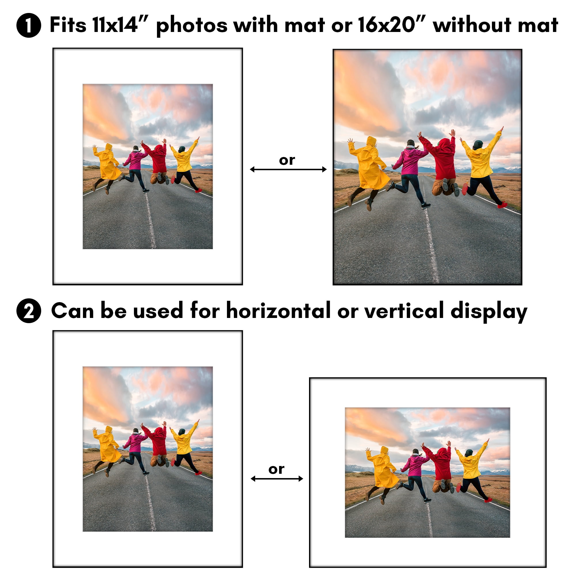 Americanflat 16x20 Front Loading Picture Frame with Shatter-Resistant Glass with 11x14 Mat 2 Pack Wall - Black