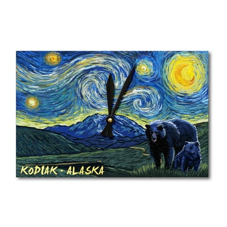 Alaska Cub Bear Knife Kodiak, Alaska - Starry Night - Grizzly Bear & Cub - Lantern Press Artwork (Acrylic Wall Clock) ()