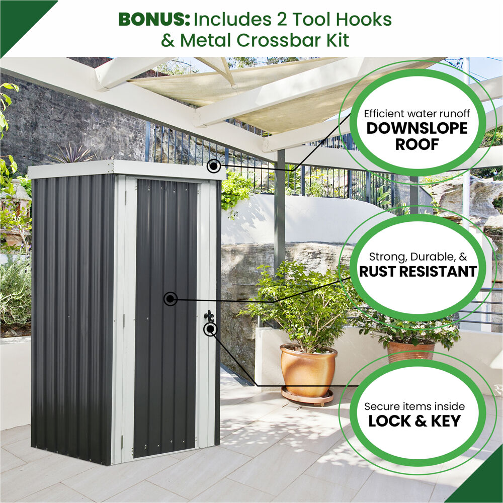 Hanover Patio Storage Shed | Galvanized Steel | Twist Lock and Key | 2 Tool Hooks | 3-Ft. x 3-Ft. x 6-Ft. | Dark Gray / White | HANPATSHD-GW