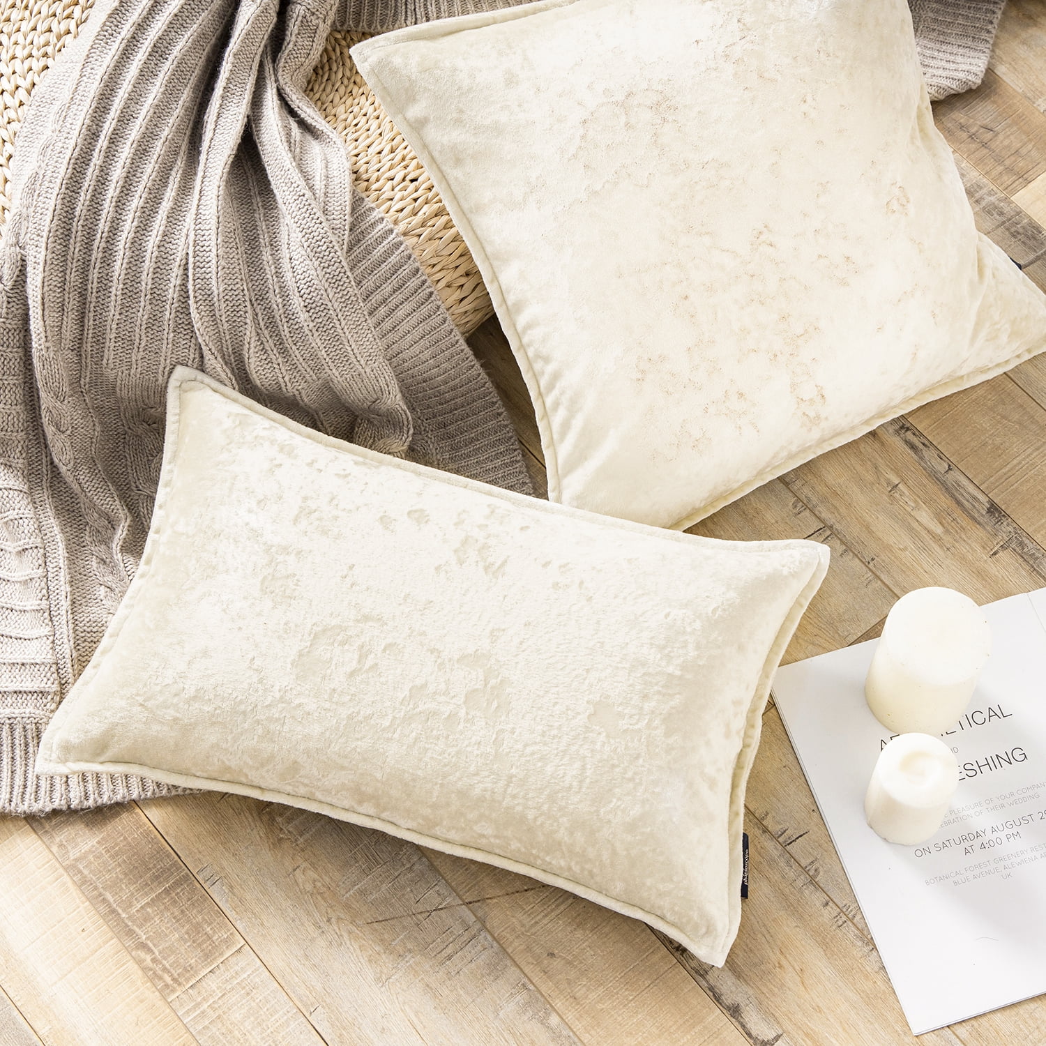 Phantoscope Patterned Velvet Decorative Throw Pillow with Tailored Edge, 18 x 18 in, Off White, 1 Pack