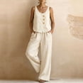 thumbnail image 2 of Sleeveless Button Front Linen Set for Women, Scoop Neck Tank & Wide Leg Pants Two Piece Outfit - Loose Fit Summer Vacation Ensemble White S, 2 of 5