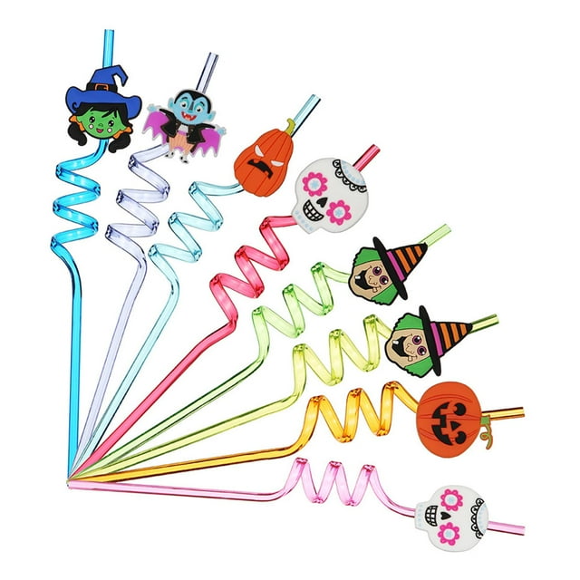 Pajitas de Halloween reutilizables Diseño curvo divertido ABS Pajitas de colores vibrantes 8 estilos para decoración de fiestas Cumpleaños Halloween N