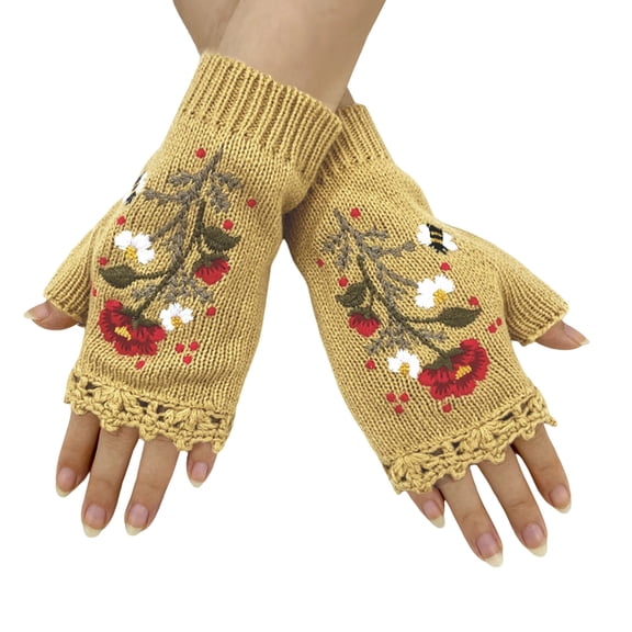 KHONTS Women's Hand Embroidered Knitted Flower Fingerless Gloves 02-Yellow One Size