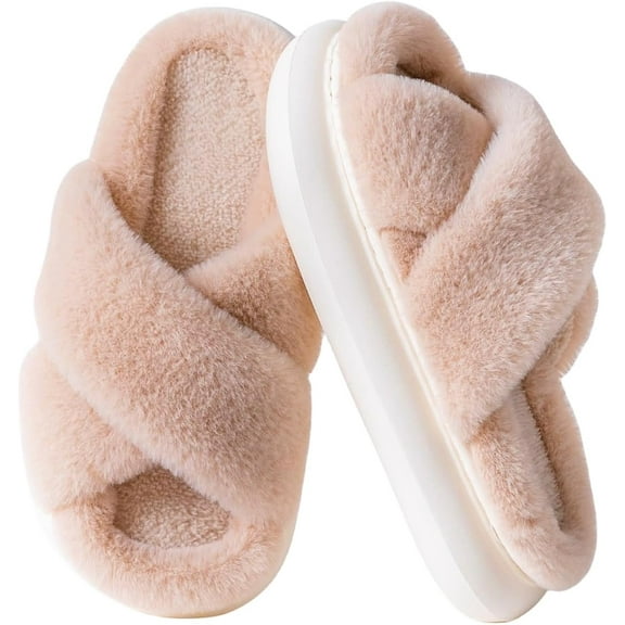 Womens Slippers Fluffy Slippers Ultra Soft Open Toe Fuzzy House Slippers Plush Fur Slippers Memory Foam Slippers for Womens Thick Sole