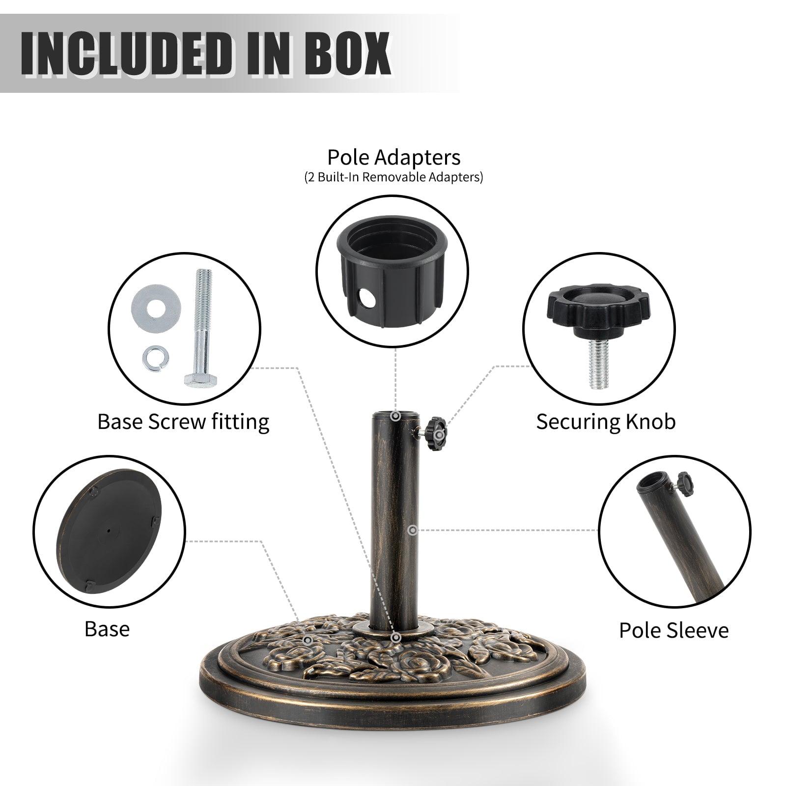 Backyard Expressions Heavy-Duty 20 lb Outdoor Umbrella Base, Antique Bronze Rose Pattern, Fits 1.5"–1.9" Poles, for Deck and Table