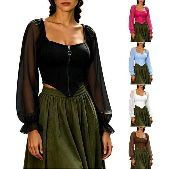 Women Puff Sleeve Square Neck Zip up Medieval Top Pirate Costume Halloween Cosplay Halloween Costume Women, Size XL