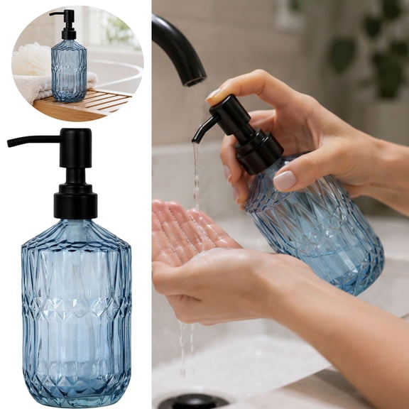18oz Blue Glass Soap Dispenser Refillable with Black Pump, Thick Glass Bathroom Soap Dispenser for Hand Soap Dish Soap, Kitchen Soap Dispenser for Lotion Body Wash