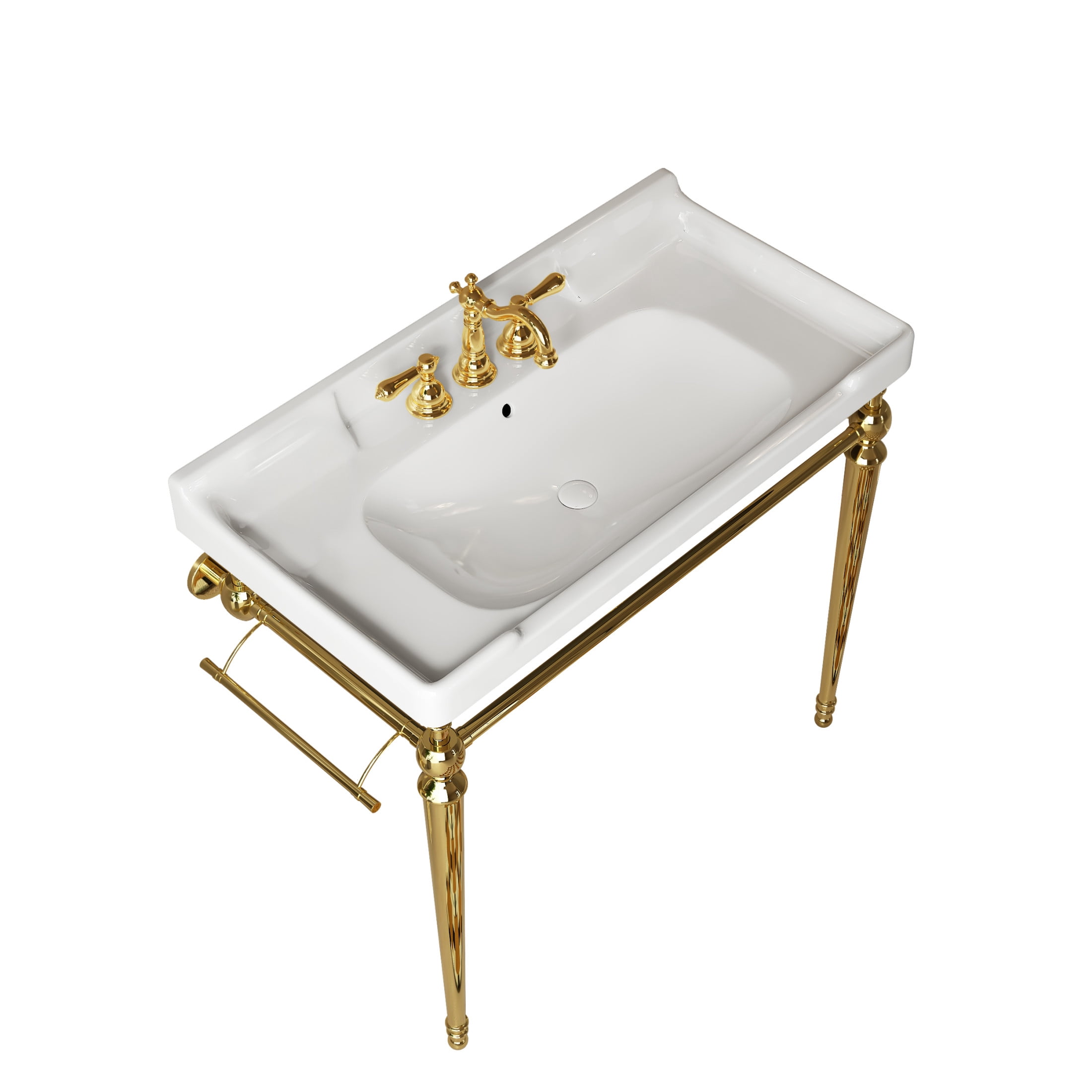 Noble House VICI 36" Bathroom Console Sink, Wall-Mounted Ceramic Basin Vanity with Stainless Steel Legs, White & Gold