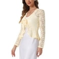 thumbnail image 4 of Cárdigan de encaje floral para mujer Inspire Chic con lazo en la parte delantera, dobladillo con volantes, bolero corto transparente, talla L, beige claro, 4 of 6