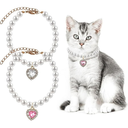 2 PCS Cat Dog Pearl Collar with Rhinestone Heart Pet Jewelry Small Heart Shape Rhinestone Pet Necklace  Adjustable Birthday Wedding Collar for Puppy Small Cats- White & Pink