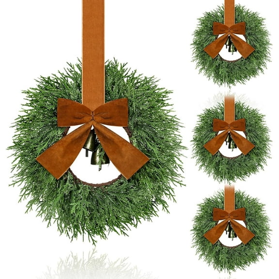 4 Pcs Small Christmas Wreaths, 10.2 Inch Mini Cedar Wreaths with Vintage Rustic Cow Bell & Brown Velvet Ribbon, Christmas Decoration for Kitchen Fireplace Window Door