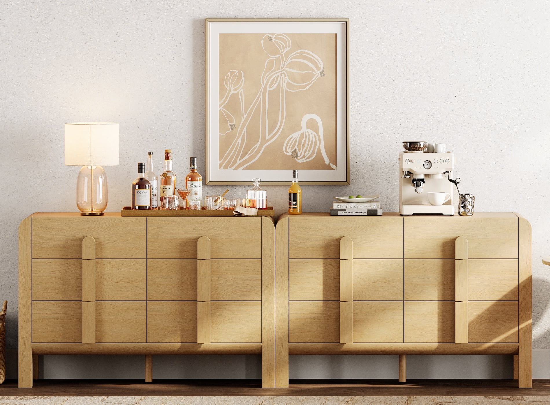 Mid Century 6 Drawer Dresser Set of 2, 47.2" Modern Chest of Drawers with Storage, Curved Profile Wood Double Dresser for Bedroom, Living Room, Hallway